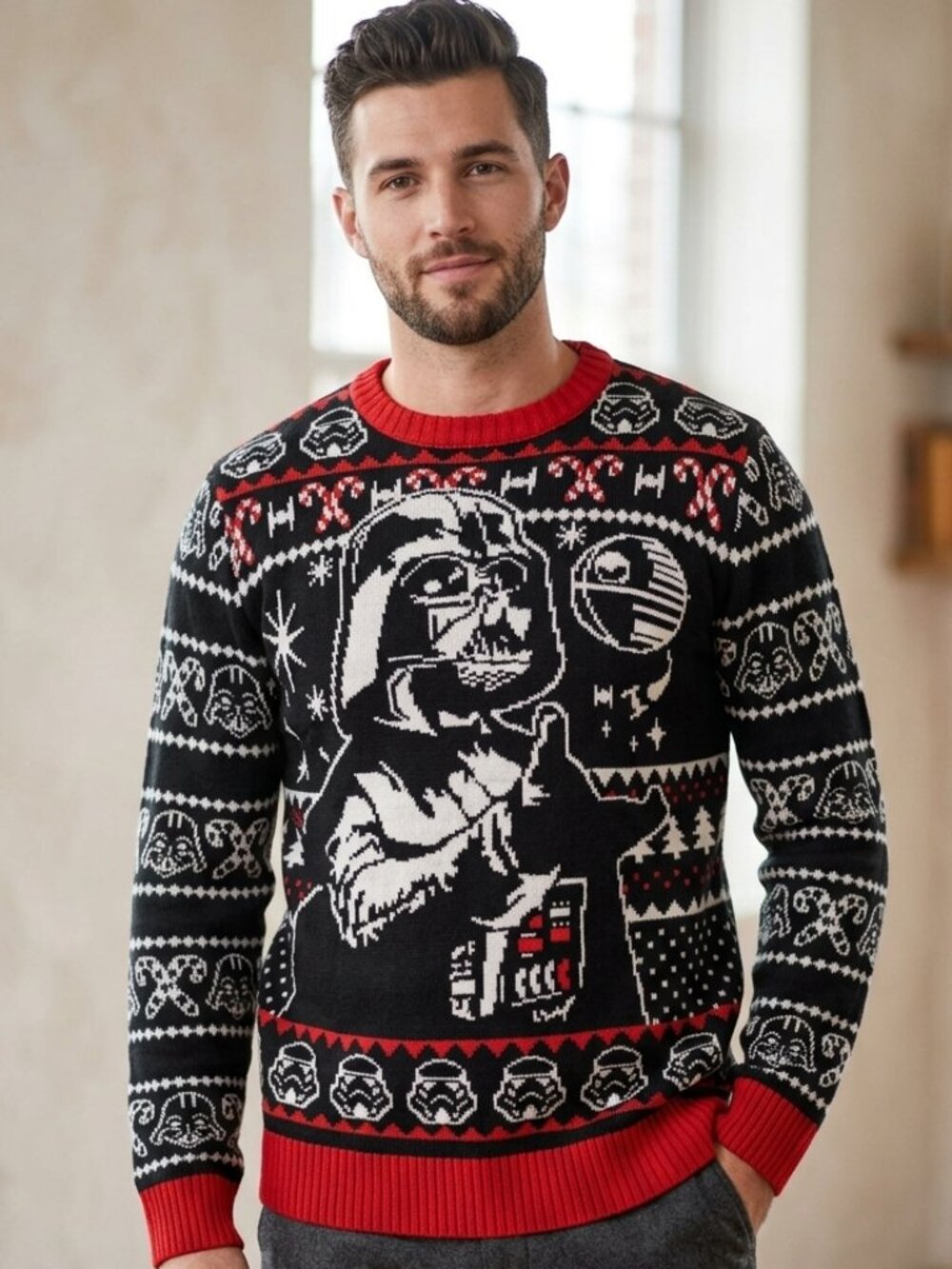 Star Wars Darth Vader Ugly Christmas Sweater Men's Medium Black Red Stormtrooper